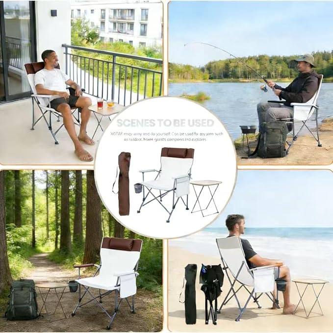 2 Pack Adjustable Folding Camping Chairs with Detachable Footrest and Headrest Lightweight and Portable Ideal for Hiking Travel Fishing and Outdoor Activities (Beige)