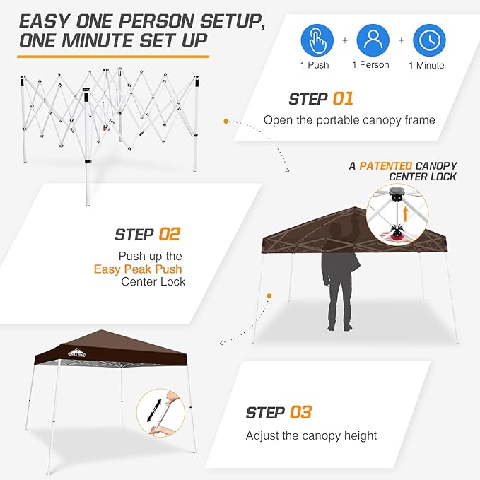 EAGLE PEAK 10x10 Slant Leg Pop-up Canopy Tent Easy One Person Setup Instant Outdoor Beach Canopy Folding Portable Sports Shelter 10x10 Base 8x8 Top (Brown)