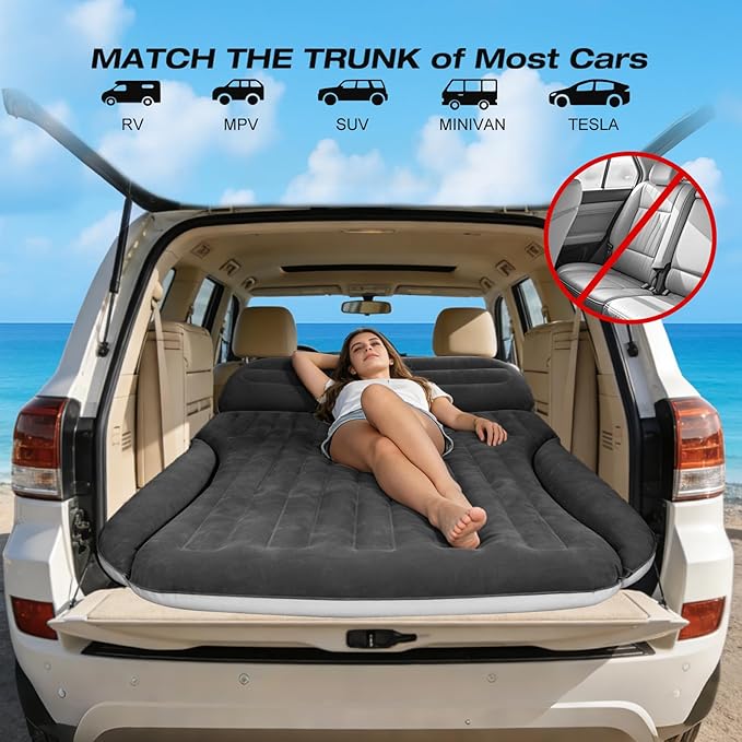 SUV Air Mattress Double-Sided Thick Flocked Car Air Mattress with Built-in Pump &amp Pillow Complete Sleeping Accessories for Auto Camping &amp Road Trips（Dark Coffee）