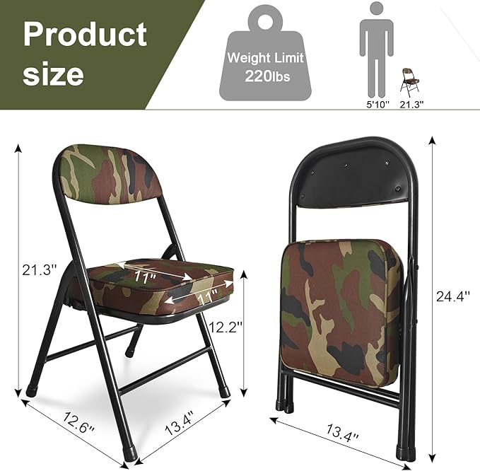 Mini Padded Folding Chairs Garage Stool Portable Camping Chair with Cushion Lightweight Lawn Chair for Outdoor Sports Events Patio Fishing Hiking Hunting Picnic Beach (Camo Green)