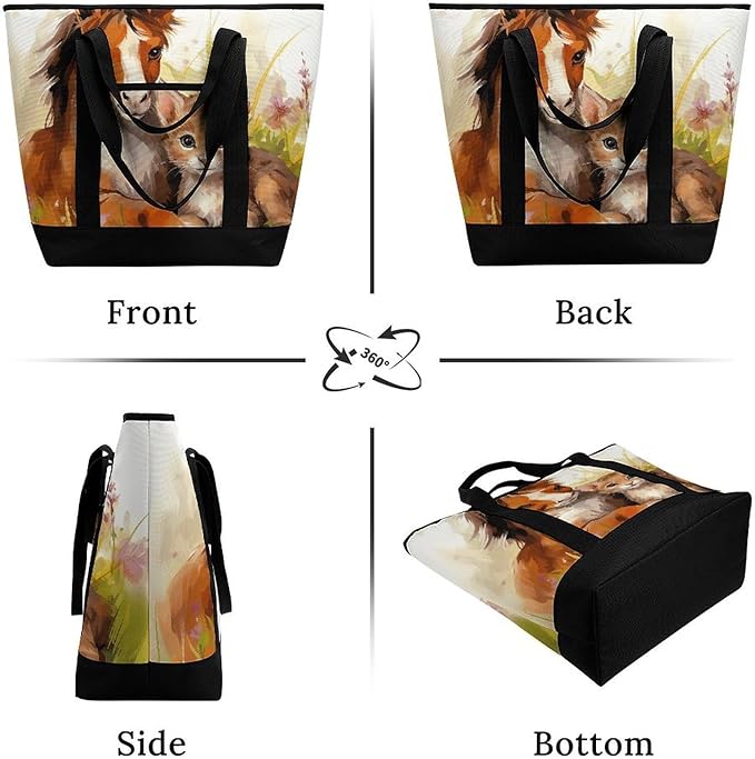 Insulated Shopping BagLarge Reusable Cooler Bags Cute Horse And Cat Printed Foldable Shopping BagTravel Waterproof Shoulder Bag