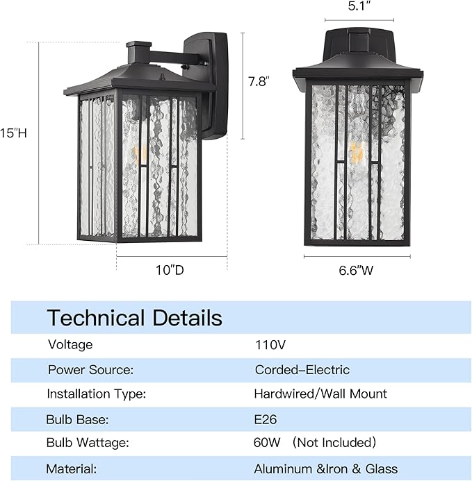 Outdoor Porch Light Fixtures Black Wall Sconce Exterior Light Large Front Ddoor Sconce Lights Water Glass Outdoor Wall Lantern for Porch Garage House 15”H