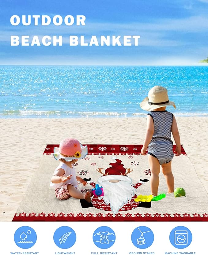 Beach Blanket Waterproof Sandproof OversizedChristmas Snowflake Cute Dwarf Red Buffalo Check Beach Mat with Corner Stakes Sand PocketsWinter Flower Outdoor Picnic Mat for Travel Camping 83x79In