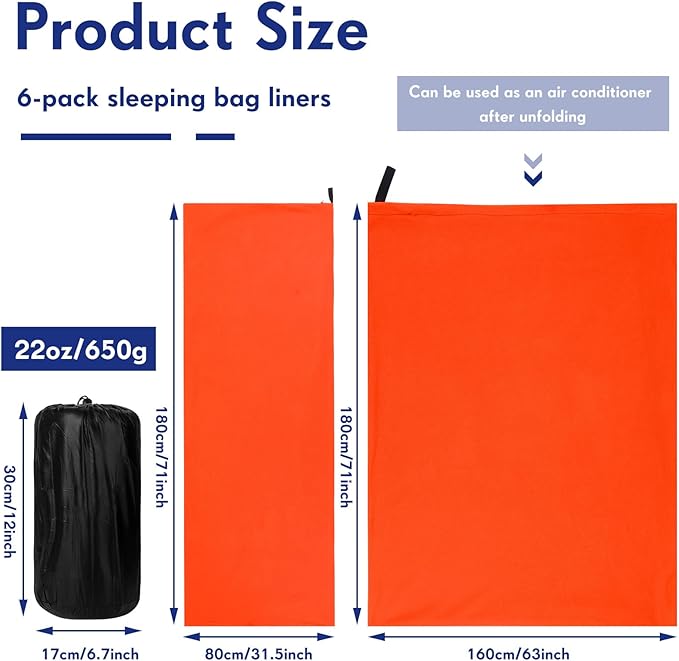 Preboun 6 Pcs Fleece Sleeping Bag Liner Adult Warm Sleeping Bag Liners Cold Weather 70.9 x 31.5 Inch Zippered Camping Sleep Sack Lightweight Sheet for Camping Backpacking Travel Assorted Color