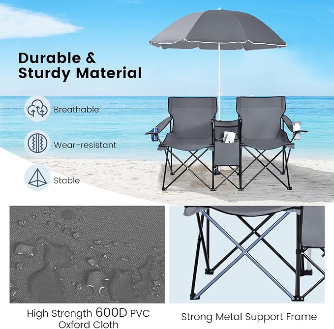 Double Camping Chair with Canopy Folding Camp Chairs w/Cup Holder Cooler &amp Carry Bag Table Side Pocket 2 Person Portable Beach Chair with Umbrella for Picnic Fishing (Grey)