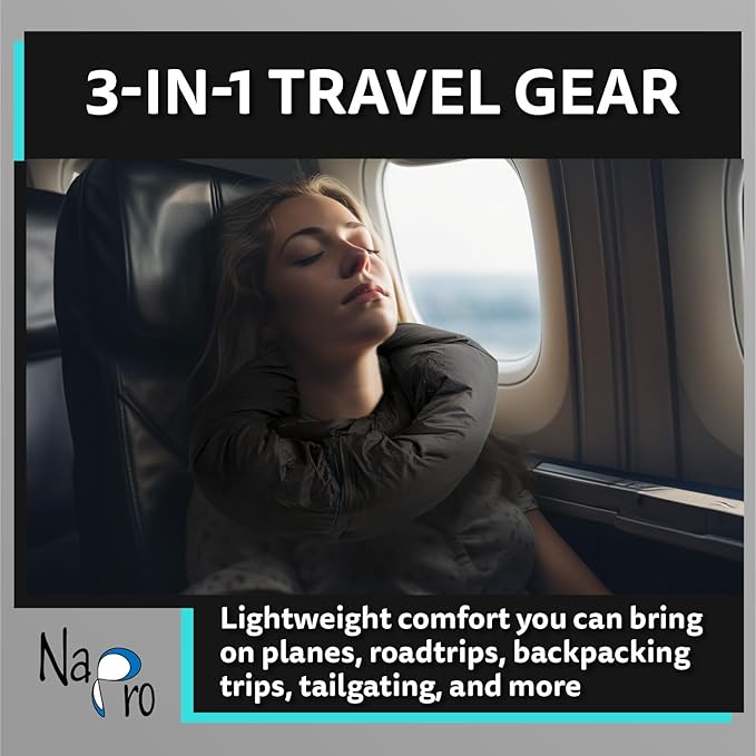 NAPRO Travel Pillow &amp Camping Blanket 3 in 1 Ripstop Nylon Infinity Pillow &amp Square Travel Pillow Cases with 82 X 54 Synthetic Down Filled Blanket/Poncho/Pillow Fill Adventure Black/Turqu