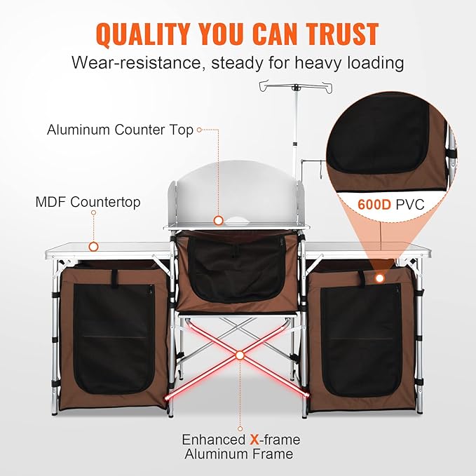 VEVOR Camping Kitchen Table Folding Outdoor Cooking Table with Storage Carrying Bag Aluminum Cook Station 3 Cupboard &amp Detachable Windscreen Quick Set-up for Picnics BBQ RV Traveling Brown