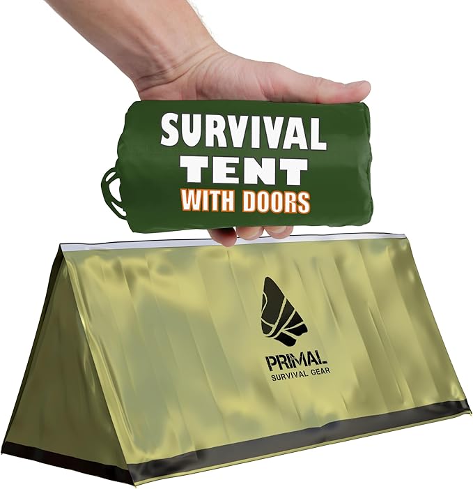 Orange Polyester Survival Tent with Doors - Compact Durable All-Season Shelter for Camping Hiking and Emergency Preparedness