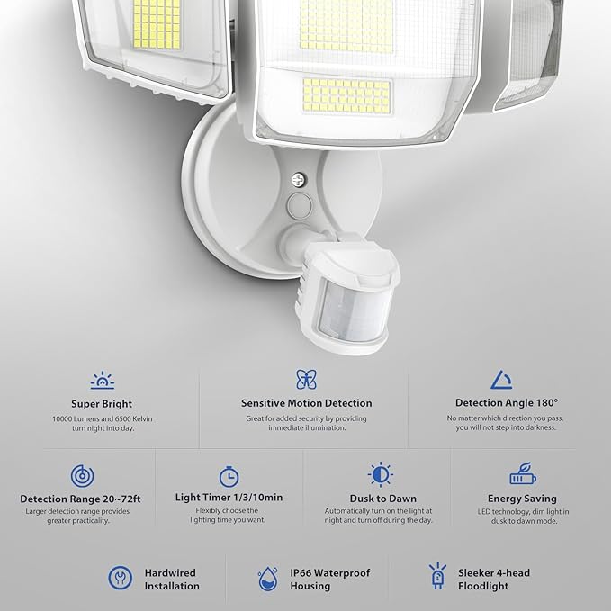 Onforu 90W 10000LM LED Motion Sensor Outdoor Lights 4-Head Dusk to Dawn Outdoor Lighting Hardwired Flood Lights IP66 Waterproof 6500K Security Floodlight for Outside (White)