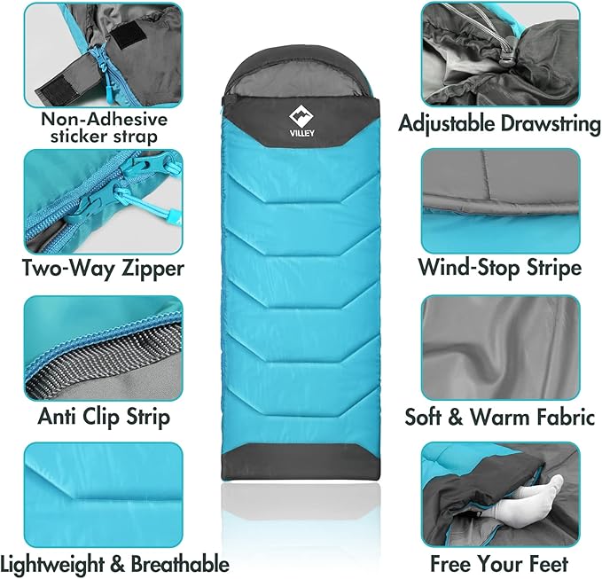 VILLEY Camping Sleeping Bag for Adults Boys and Girls Lightweight Compact Backpacking Sleeping Bag for Outdoor Traveling Hiking