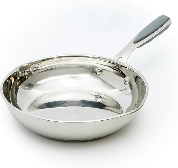 David Burke Stature 8 Fry Pan – Thick Solid Steel Side Handles - Brushed Gray