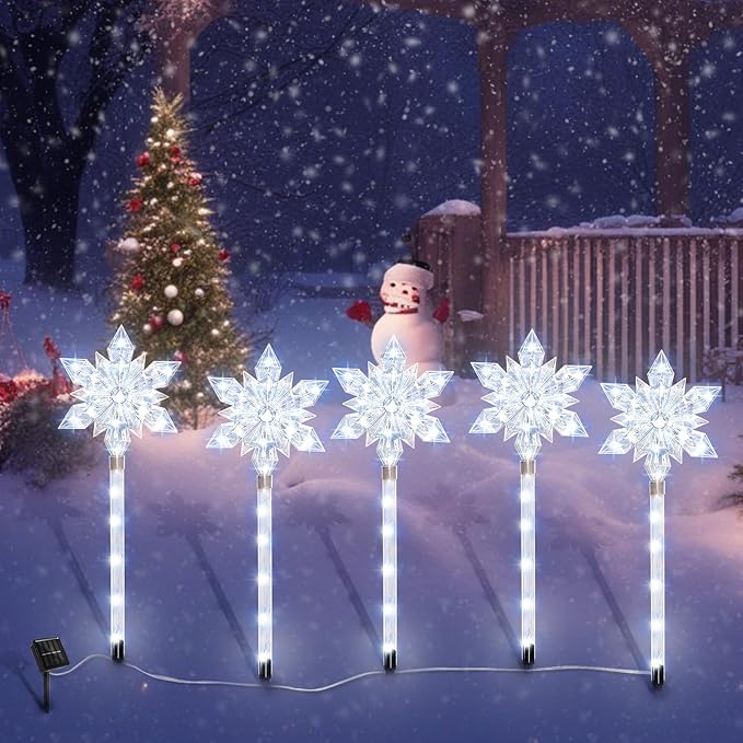 Snowflake Solar Christmas Pathway Lights Set of 5 LED Outdoor Stake Lights Waterproof Christmas Decorations for Garden Yard Lawn Walkway Patio Decor (5pcs Cold White)