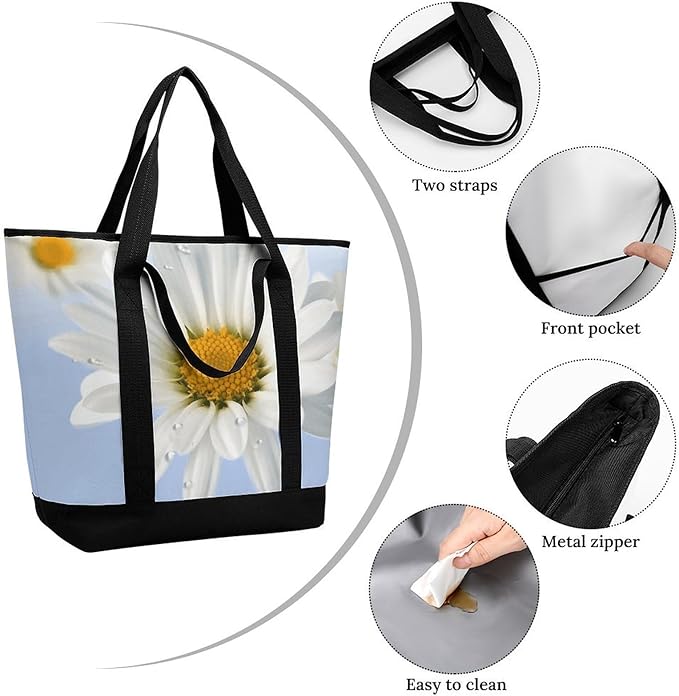 Insulated Shopping BagLarge Reusable Cooler Bags White Daisy Printed Foldable Shopping BagTravel Waterproof Shoulder Bag