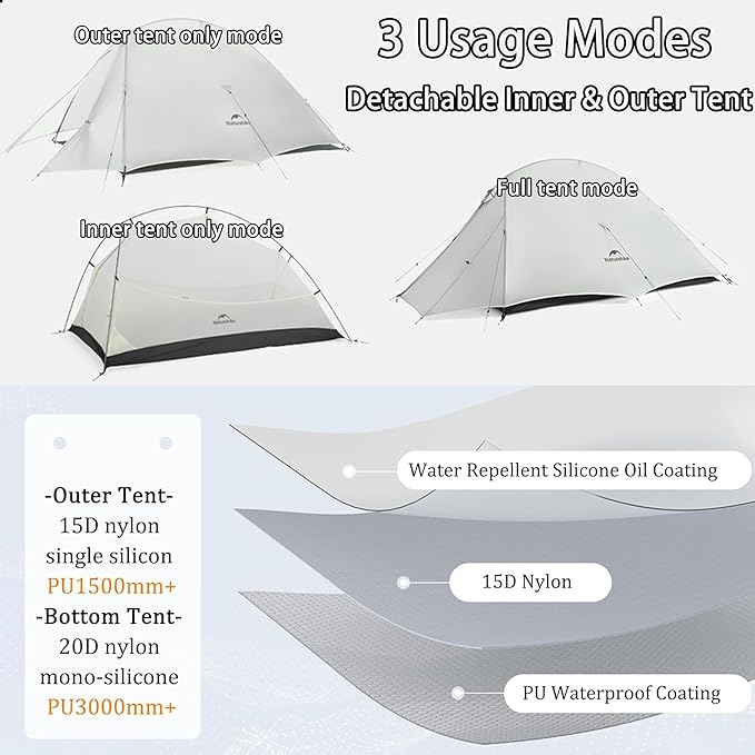 Naturehike 1-2 Person Cloud up UL Tent - Ultralight 3.1lb/3.5lb Backpacking Tent Waterproof Free Standing Camping Tent for One Man Hiking Cycling Two Person Double Layer