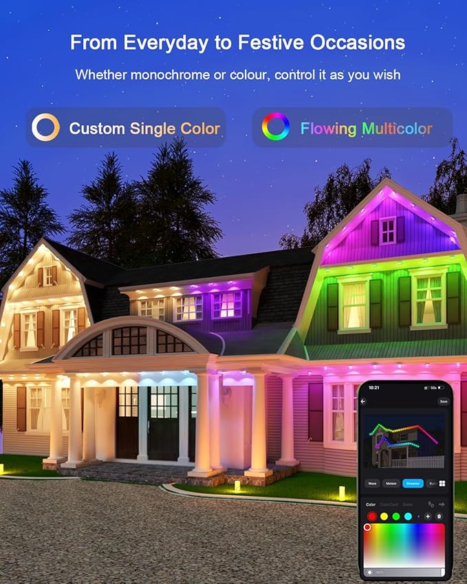 Permanent Outdoor Lights - 100FT Smart AI RGB+IC LED with 72 Lights IP67 Waterproof 75+ Scene Modes Alexa/Google/Remote Control Enabled DIY Music Sync for Christmas Holiday &amp Home Decor Whit