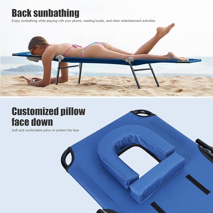 Adult Foldable Camping Cot with Reclining Folding Chaise Design Heavy Duty Lounger Chair for Indoor Outdoor Use Adjustable Height Bed with Face Hole &amp Detachable Pillow Blue