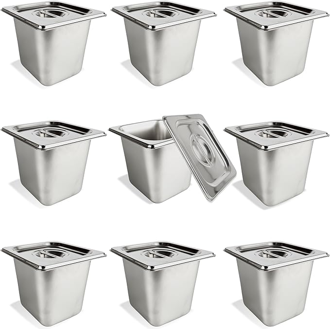 9 Pcs 1/6 Size 6 Inch Deep Restaurant Hotel Pan with Lids Stainless Steel Steam Table Pan Commercial Catering Metal Food Trays Warming Pans for Food Hotel Buffet