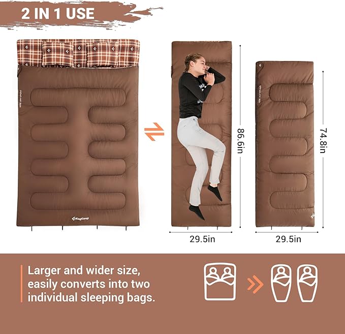KingCamp Double Sleeping Bag for Adults Queen Size 2 Person XXL Flannel Sleeping Bag Waterproof Lightweight Flannel Quilt with 2 Pillows Perfect for Couples Family Camping Hiking
