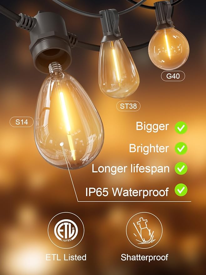 Svater Outdoor String Lights 100 FT Patio for Outside with Shatterproof S14 Bulbs Waterproof LED Hanging Light for Cafe Backyard Bistro Party Warm White