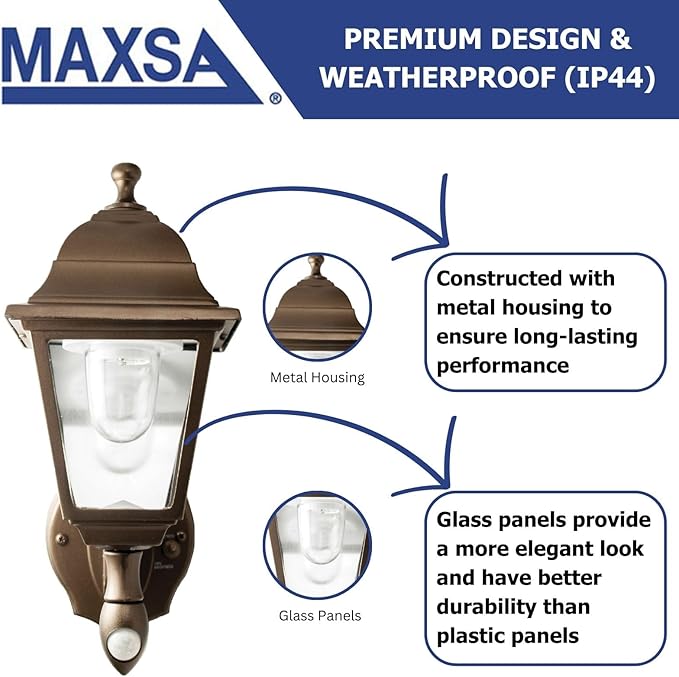 Maxsa 46219 Premium Battery-Powered Motion-Activated Decorative Outdoor Cool White LED Wall Sconce Lighting Fixture Metal Housing Dark Copper