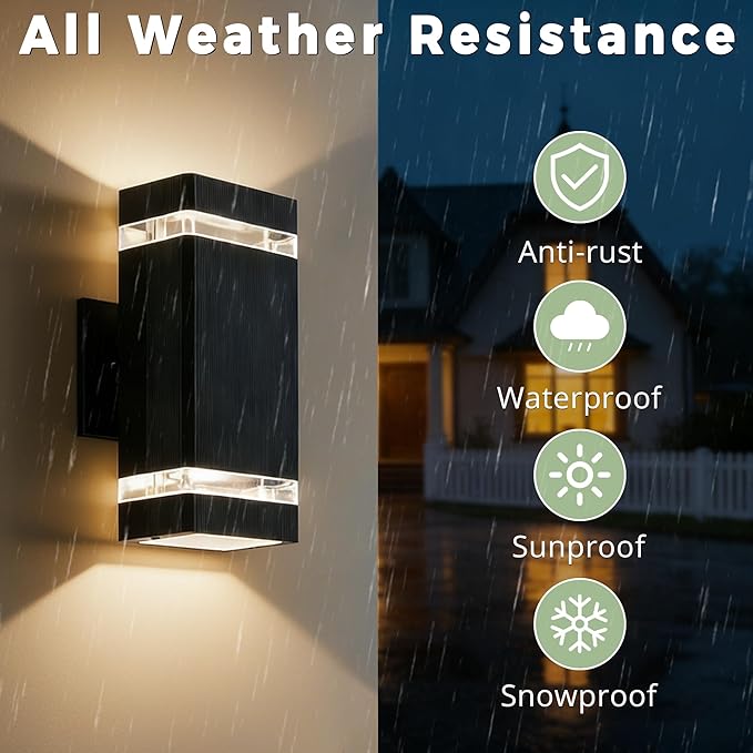Square Dusk to Dawn Outdoor Lighting 2 Pack Up and Down LED Porch Lights Aluminum Outdoor Wall Lights with 2 * 7W Bulbs 3000K Waterproof Exterior Lighting Fixtures for House Porch Garage Black