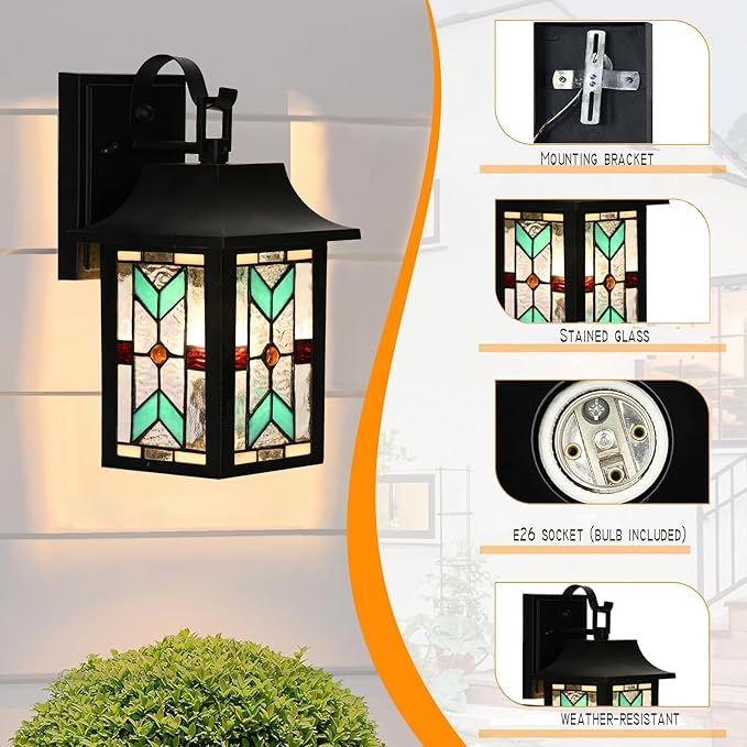 WL0009 Tiffany Style Outdoor Light Fixutres Stained Glass Wall Sconce Exterior Waterproof Wall Lantern Light for Balcony Aisle Hallway W 7X D 6 x H 12 Inches Bulb Included (Chrolume)