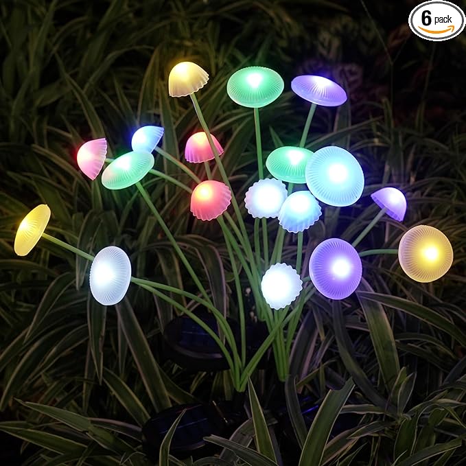 Solar Garden Lights 6-Pack Dual Mode LED Solar Mushroom Lights Waterproof Firefly Outdoor Decor for Yard Patio and Pathway – Colorful Jellyfish Ambiance