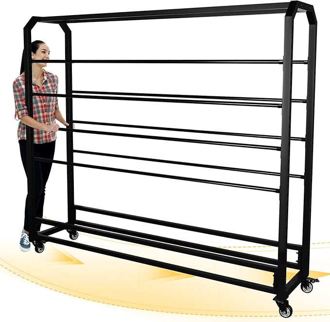 Fabric Roll Storage Rack with Wheel Adjustable Hanging Rod Bracket Display Shelf
