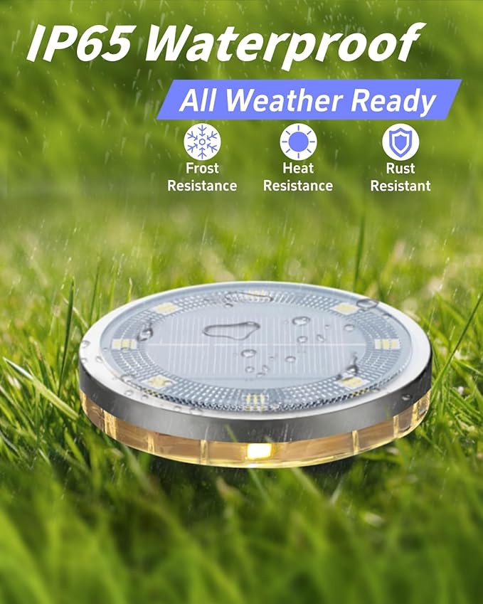 Solar Ground Lights Outdoor 12 Pack Waterproof Upgraded Solar Garden Lights with 4 Side Light Stainless Steel Solar Powered Disc Landscape Light for Walkway Pathway Lawn Yard Patio Deck-Warm White