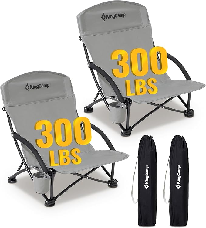 KingCamp Low Beach Chair High Back Folding Camping Chair for Adults Oversized Breathable Mesh Seat 300lbs Heavy Duty Portable Chair with Cup Holder &amp Storage Pockets for Beach Outdoor