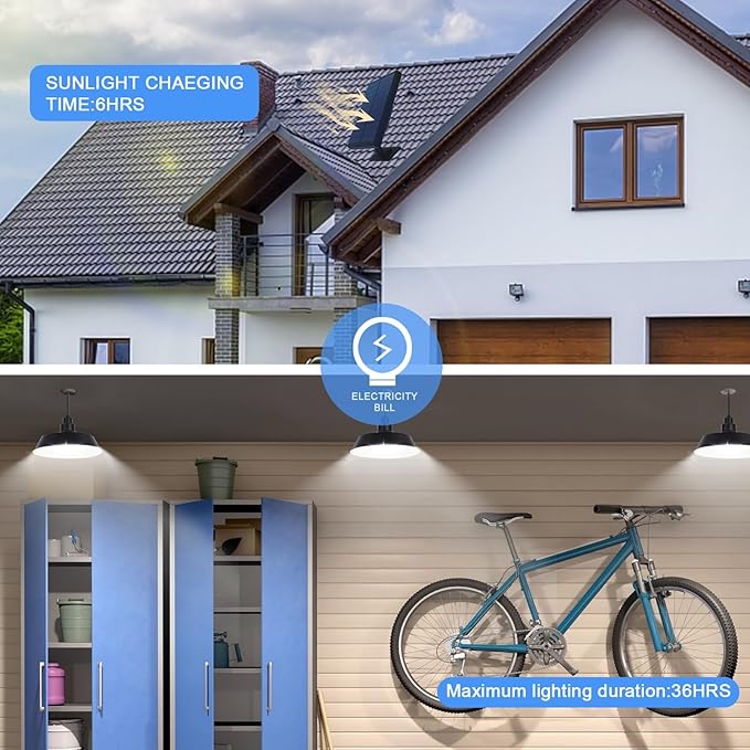 Solar Pendant Lights Outdoor Solar Shed Light with 360° Adjustable Panel Dimmable Lighting with Remote Control 16.4ft Cable IP65 Waterproof for Patio Garage Camp Chicken Coop Barn
