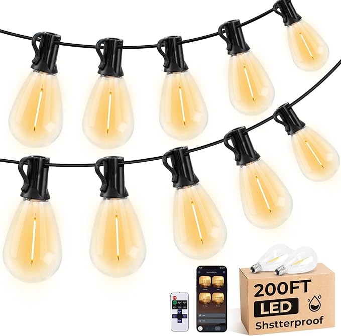 200FT S11 LED Outdoor String Lights with App &amp Remote Low-Voltage Patio Lights with Music Sync 4 Lighting Modes Dimmable Waterproof LED Outdoor Lights for Backyard Porch Deck Garden