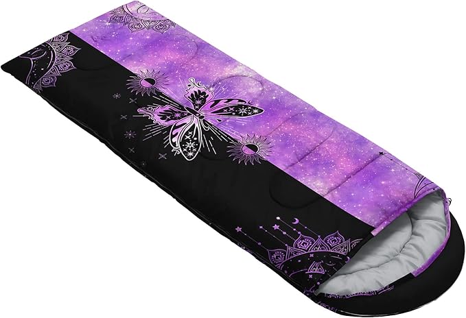 Kids Sleeping Bag for Boys GirlsBlack Purple Butterfly Print-Lightweight Warm Portable Outdoor Indoor-Waterproof Cold Weather Resistant Sleeping Bag for Camping Hiking(Butterfly1)