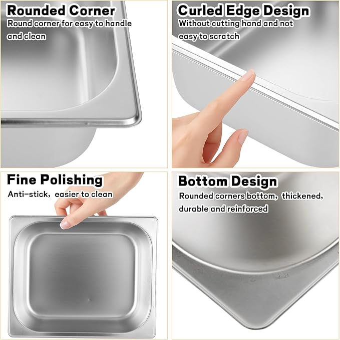 QTLCOHD 6 Pack 1/2 Inch Half Size 4 Inch Deep Hotel Pan - Stainless Steel Steam Table Pans for Chafing Dish Inserts Commercial Food Pan for Party Buffet Catering Supplies