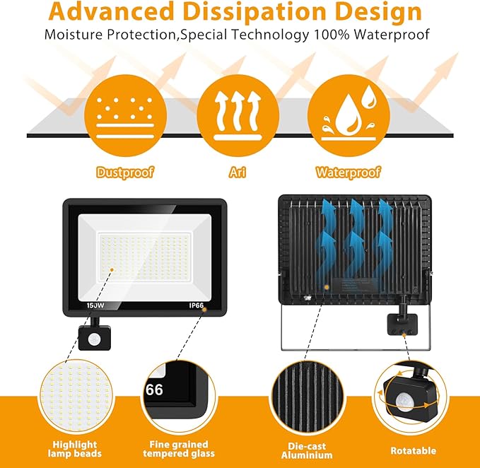 2 Pack 150W LED Motion Sensor Flood Light 5000K Daylight IP66 Waterproof 17000 Lumens Outdoor Security Dusk to Dawn Light for Garage Front Porch Barn