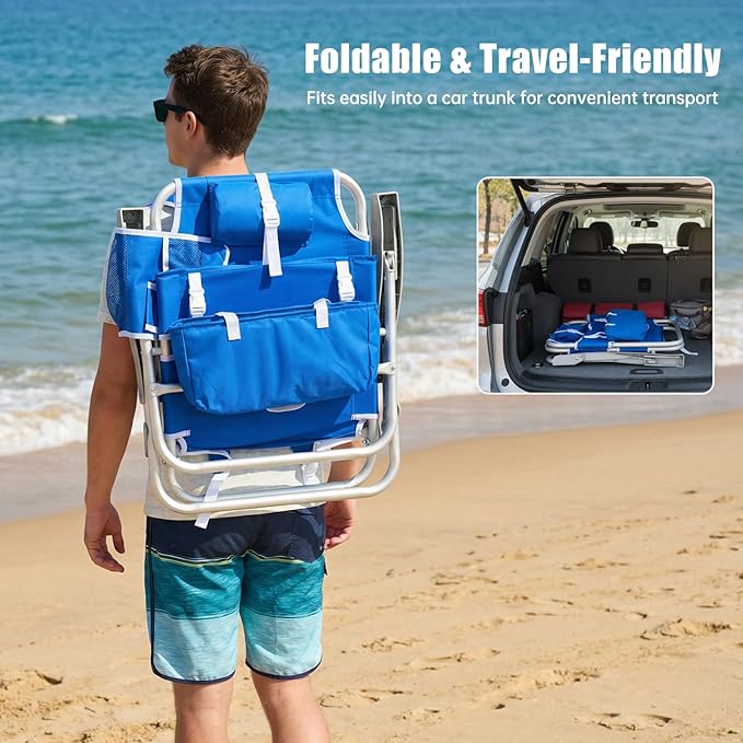 SUNNYFEEL Beach Chairs for Adults 2 Pack 5 Position Lay Flat Portable Folding Backpack Beach Chair Heavy Duty with Cooler Bag Cup Holder for Outdoor/Lawn/Picnic Foldable Camping Chair