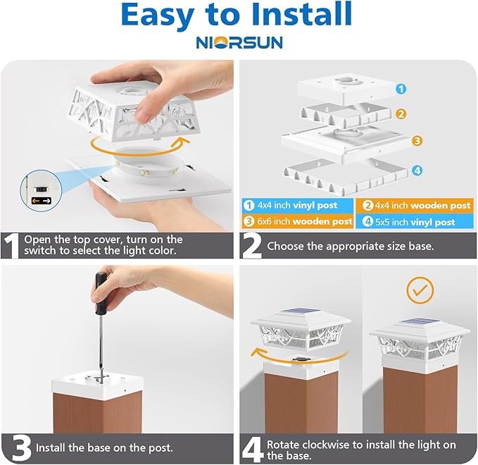 NIORSUN Solar Post Lights Outdoor 4 Pack 2 Modes LED Deck Fence Post Solar Lights for 3.5x3.5 4x4 5x5 5.5x5.5 Caps Patio Garden Decoration White