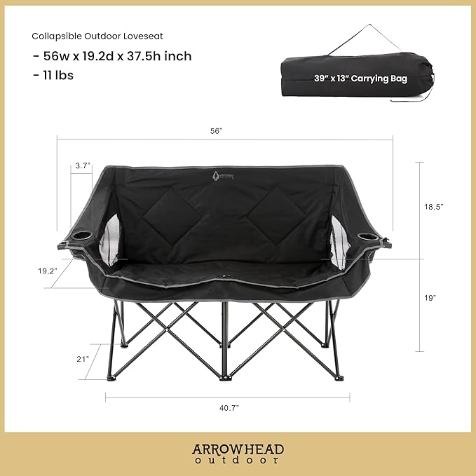 ARROWHEAD OUTDOOR 2-Pack Portable Folding Camp Loveseat Chair w/Glass &amp Cup Holders Heavy Duty Carry Bag 650 lbs Weight Capacity