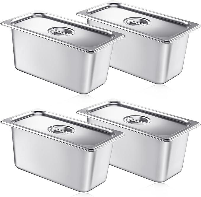 Mifoci 4 Pack Stainless Steam Hotel Pan with Lid 1/3 Size x 6 Inch Deep Table Steam Pan Restaurant Supplies Reusable Anti Rust Catering Storage for Home Party Restaurant Hotel Buffet