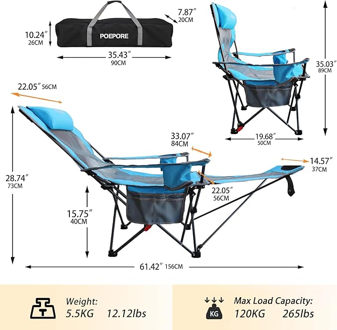 Reclining Camping Chair with Removable Footrest Lounge Chair with Headrest Cotton Cushion Portable Adjustable Folding Chairs