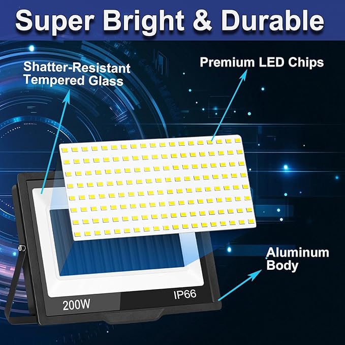 2-Pack 200W LED Flood Light Outdoor 20000LM Bright Plug-in Flood Lights with Switch IP66 Waterproof Exterior Security Lights LED Work Light for Garage Yard Garden Playground Stadium Arena