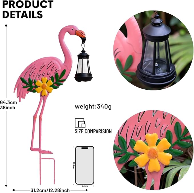 Metal Flamingo Stake with Solar Lantern Garden Solar Animal Lights for Yard Patio Lawn Pathway Decor Unique Gifts for Women Mom Grandma(Pink Flamingo)