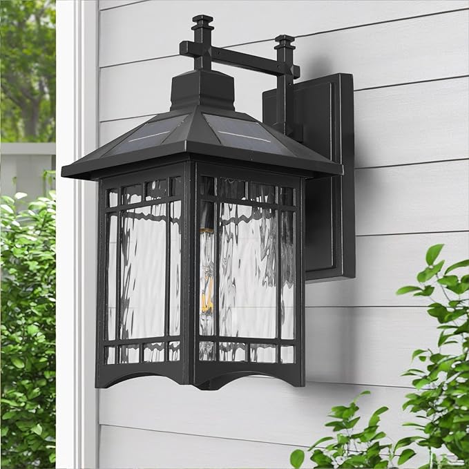 Solar Powered SconceBlack Porch Light Dusk to Dawn Outdoor Solar Wall LightsWaterproof Exterior Lights for Patio Yard House Hallway Doorway Garagewith Water Pattern Glass Shade