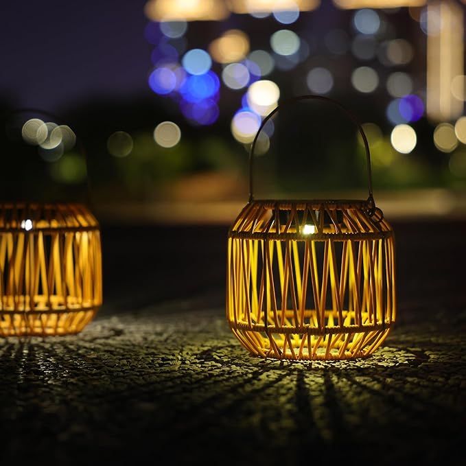 Solar Outdoor Rattan Lanterns Decorative Hanging Lights for Patio Garden Backyard（Two Pack）(Style 1)