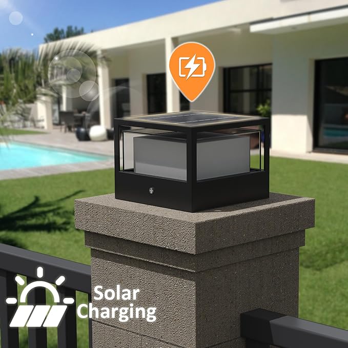 Solar Post Light Dusk to Dawn Solar Lamp Post Light Ip65 Waterproof Pillar Lights Outdoor 6.3 3000k Aluminum for Garden Patio Yard Decoration Up to 12 Hours Black