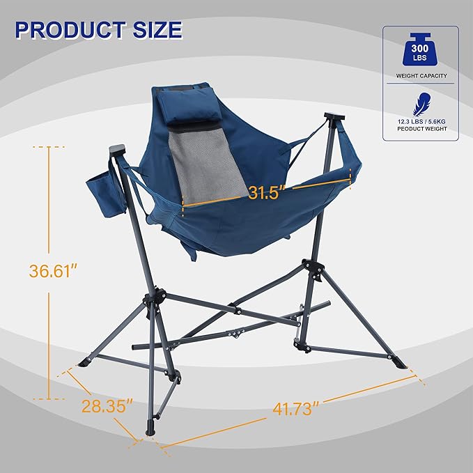 LET'S CAMP Hammock Chair Portable Camping Chair Oversized Folding Rocking Chair with Headrest and Cup Holder for Travel Picnic Patio Fishing Supports 300lbs