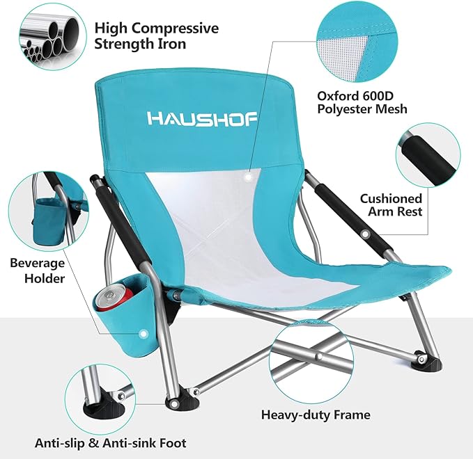 HAUSHOF Low Beach Chair Mesh Back Folding Chair Lightweight Low Seat Camping Chairs with Cup Holder Carry Bag Padded Armrest for Outdoor Beach Lawn Camping Picnic Festival
