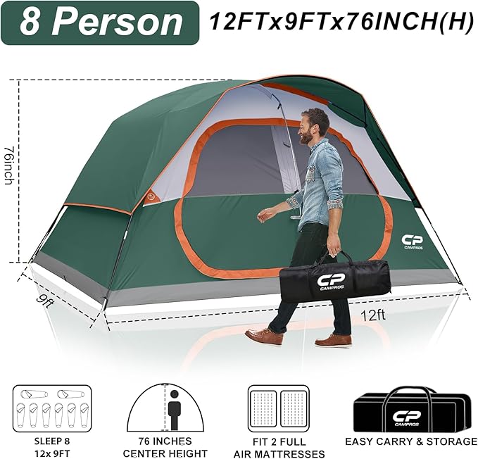 CAMPROS CP Upgraded 6/8 Person Camping Tents Waterproof Windproof Family Tent with Larger Mesh Windows &amp Door Double Layer Easy Set Up All-Season Dome Tent with Top Rainfly &amp Carry Bag