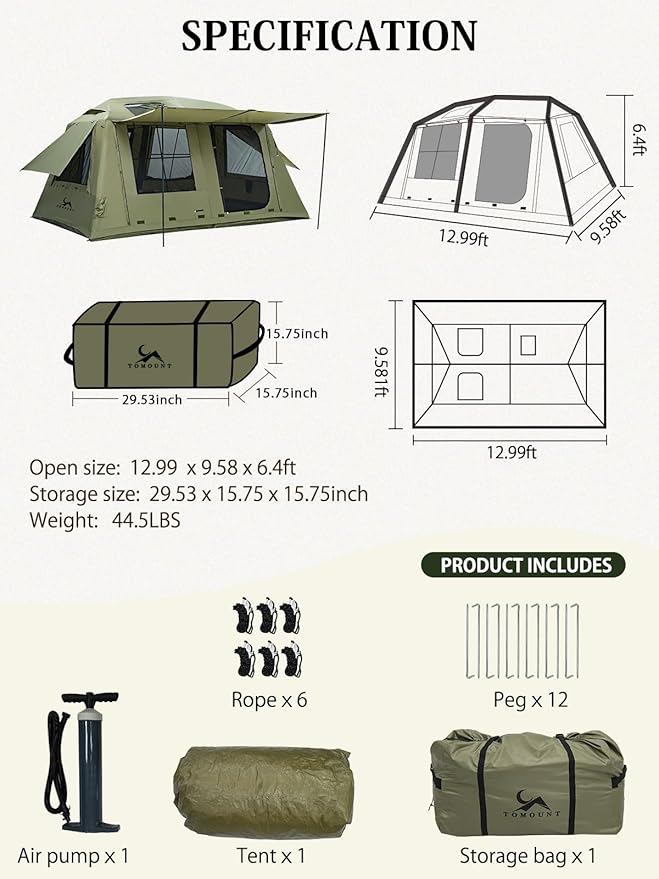 MC TOMOUNT Inflatable Tents for Camping 6/8/10 Person Large Family Blow Up Camping Tent with Hand Pump Easy Setup Air Glamping Tent for Outdoor Picnic Party
