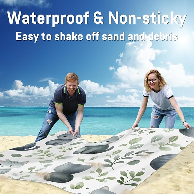 Waterproof Sandproof Beach Blanket 59''×68'' Leafy Cat Polyester Outdoor Picnic Blanket with 4 Stakes &amp Storage Bag for BeachCampingVacation White